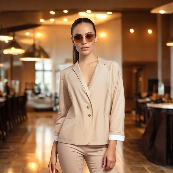 NWT Women’s Dress Jacket  HALOGEN Beige Cotton Button Front Long Sleeve Blazer - Picture 1 of 6